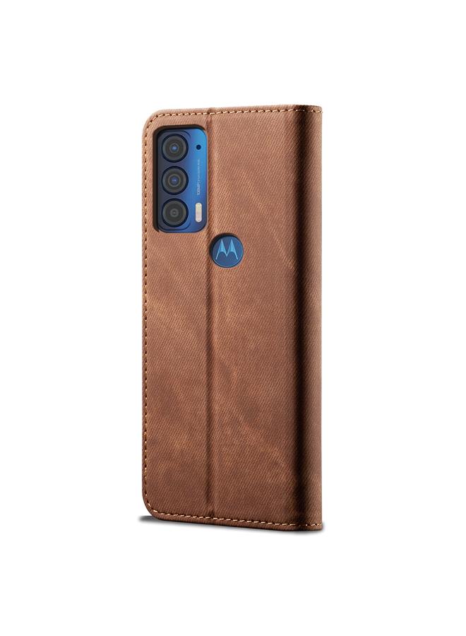 اس-توب جراب لهاتف Motorola Moto Edge 2021 بتصميم كاجوال من قماش الدنيم مع حامل وفتحات للبطاقات ومحفظة. - Image 3