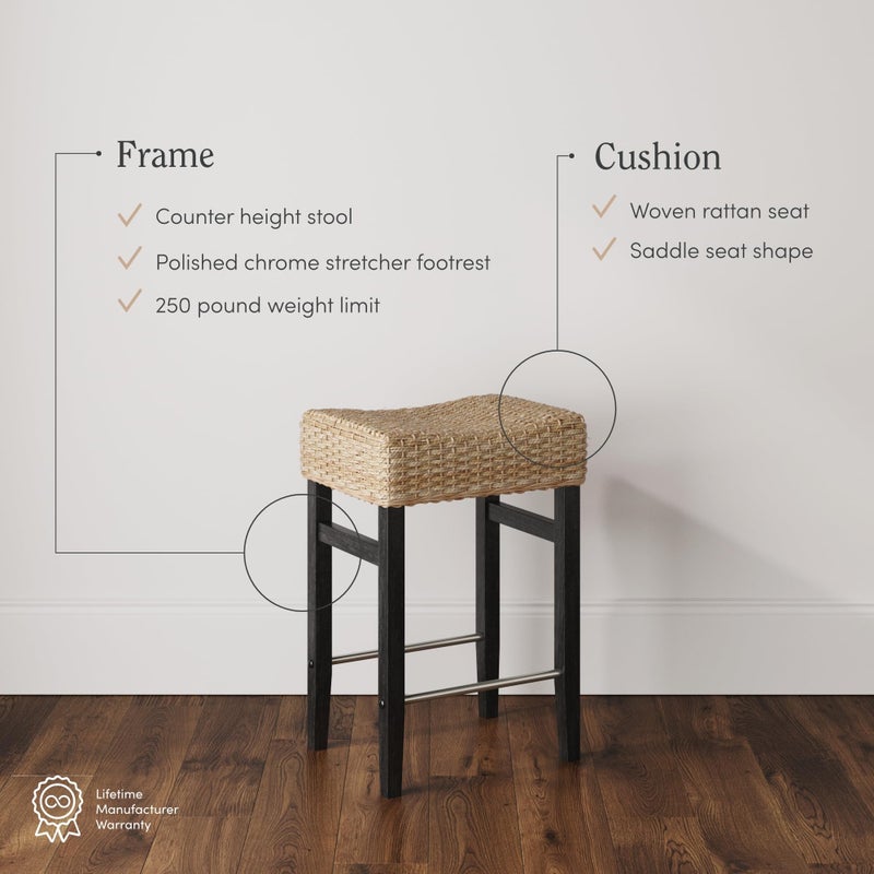 Nathan James Harvey Rattan Bar Stool, Bohemian Counter Height Stool with Woven Seagrass Seat, Solid Wood Legs, and Metal Footrest Seagrass/Brushed Black - Image 3