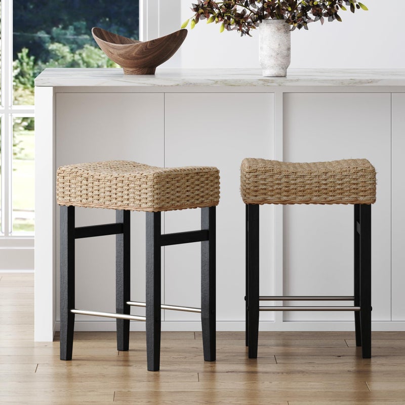 Nathan James Harvey Rattan Bar Stool, Bohemian Counter Height Stool with Woven Seagrass Seat, Solid Wood Legs, and Metal Footrest Seagrass/Brushed Black - Image 1