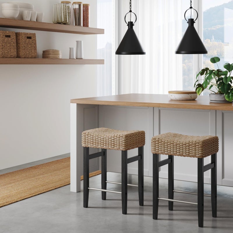 Nathan James Harvey Rattan Bar Stool, Bohemian Counter Height Stool with Woven Seagrass Seat, Solid Wood Legs, and Metal Footrest Seagrass/Brushed Black - Image 2