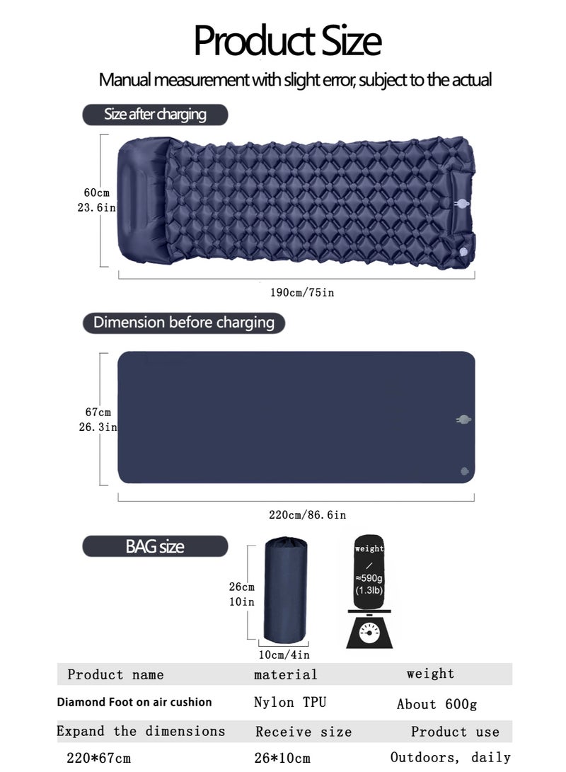 Teranorix Ultralight Single Camping Inflatable Mattress | Built-in Foot Pedal Air Pump and U-Shaped Pillow | 50D Nylon TPU Waterproof Sleeping Mattress | Suitable for Backpacking, Hiking, and Tent Camping (Navy Blue) - Image 5