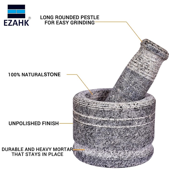 EZAHK Mortar and Pestle Set for Spices Okhli Masher Khalbatta Kharal Mixer Natural Traditional Grinder and Musal Well Design for Kitchen Home Herb 4 in - Image 4