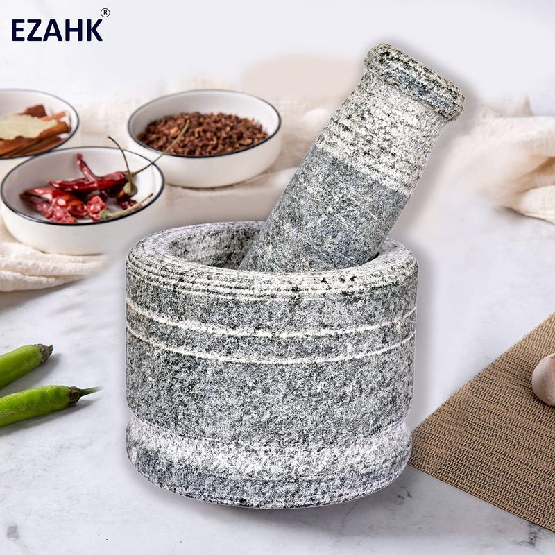 EZAHK Mortar and Pestle Set for Spices Okhli Masher Khalbatta Kharal Mixer Natural Traditional Grinder and Musal Well Design for Kitchen Home Herb 4 in - Image 2