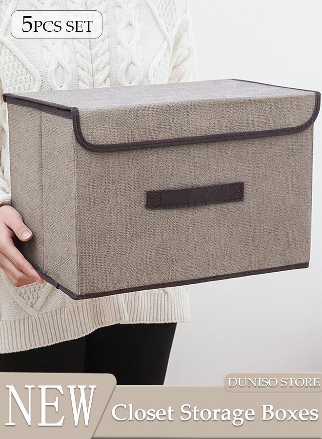 DUNISO 5pcs Wardrobe Clothes Organizer Cubes with Lids Foldable Fabric Decorative Storage Box Bins Organizer Containers Baskets with Cover Handles Divider for Bedroom Closet Living Room - Image 1