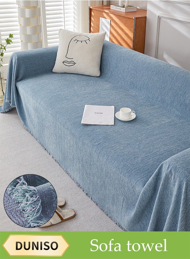 DUNISO Chenier Sofa Cover, Double Sided Sofa Protection Cover, Breathable Nap Blanket, With Tassels, Not Easy To Pilling, Wear Resistant And Scratch Resistant, Suitable For All Seasons, Suitable For Two Seater Sofas, 180 * 230cm，Blue  - Image 1