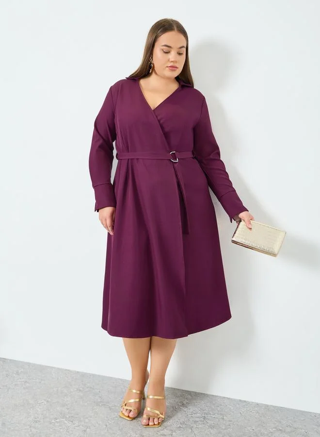 Plus Size Purple Long Sleeves Wrap Midi Dress