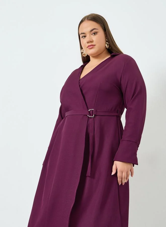 Styli Plus Size Purple Long Sleeves Wrap Midi Dress