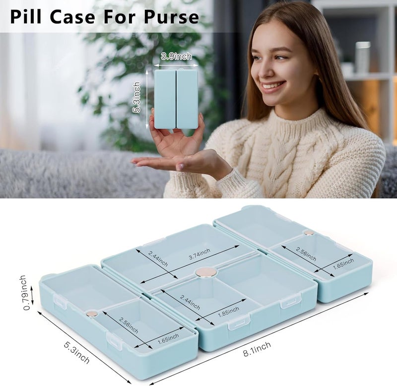 FYY Daily Pill Organizer,2 Pcs 7 Compartments Portable Pill Case Travel Pill Organizer,[Folding Design] Pill Box for Purse Pocket to Hold Vitamins,Cod Liver Oil,Supplements and Medication-Blue - Image 3