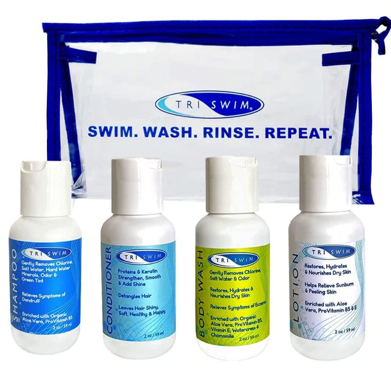 TRISWIM Shot Set in Travel Bag 2oz Travel Size Chlorine Removal Shampoo Swimmers Conditioner Swim Body Wash and Lotion Removes Chlorine Bromine Hard Water Minerals Saltwater and odors