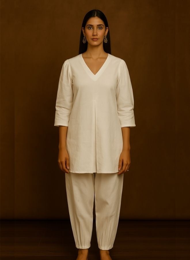 Abhishti Box Pleat solid white Kurta with knife pleat salwar pants  - Image 1