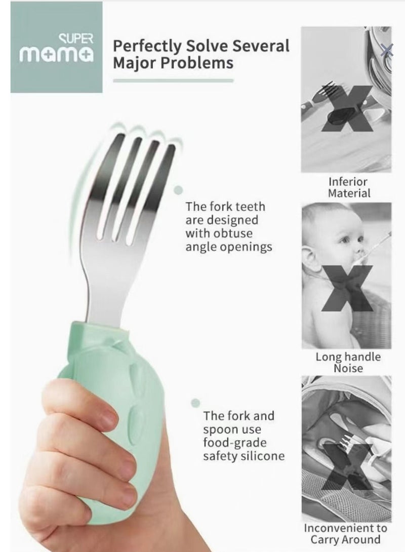 SUPERMAMA Baby Spoon Fork Set, Stainless Steel Self Feeding Kids Utensils with Silicone Handle And Storage Box - Image 3