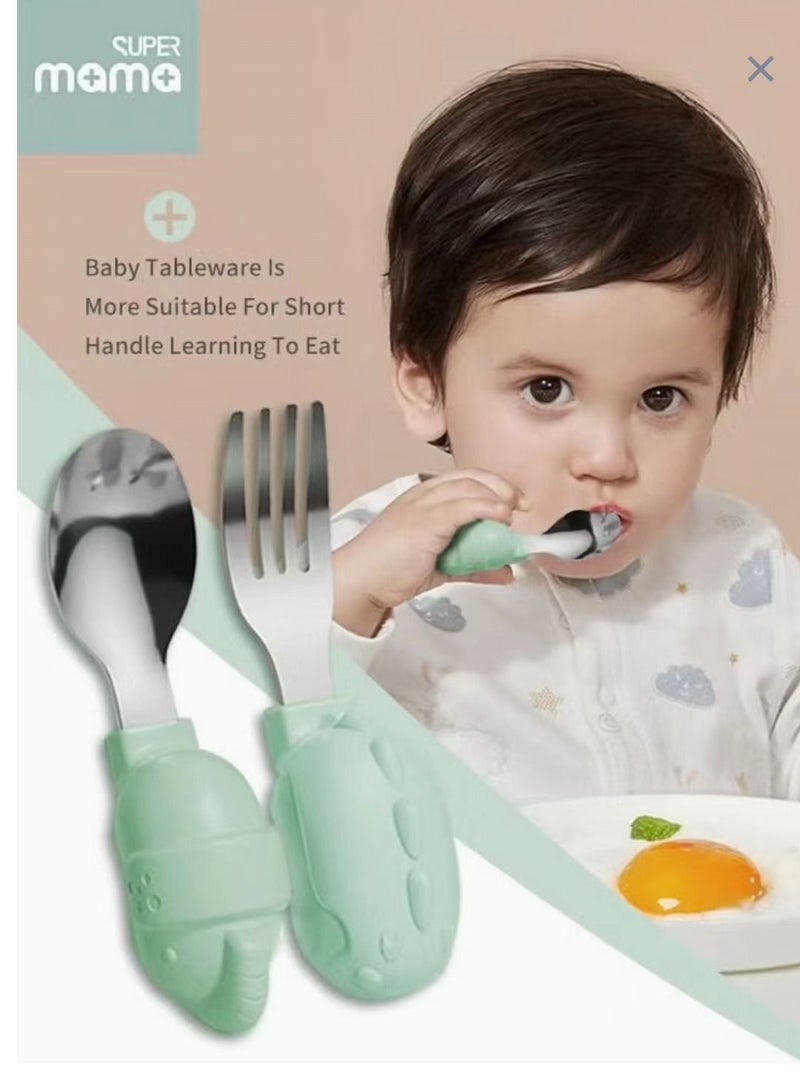 SUPERMAMA Baby Spoon Fork Set, Stainless Steel Self Feeding Kids Utensils with Silicone Handle And Storage Box - Image 4