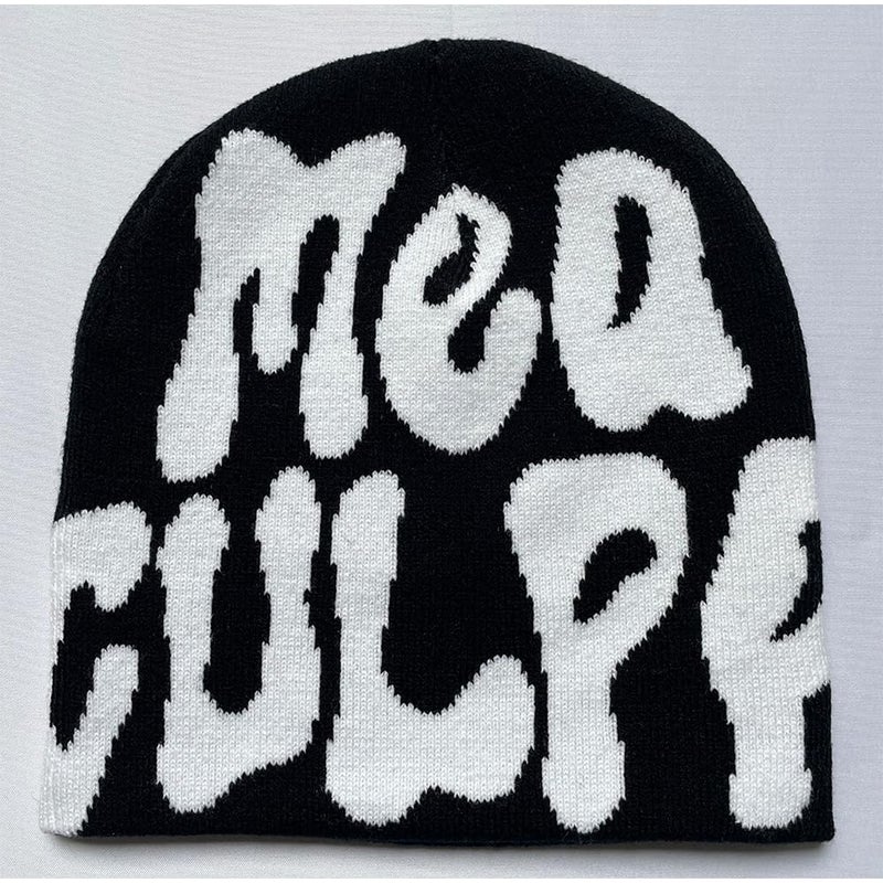 YUERFEILA Women Graphic Beanie Skull Hat MEA Culpa Y2K Knitted Beanie Warm Winter Hat for Gifts (Acrylic, MEA-Black & White) - Image 3