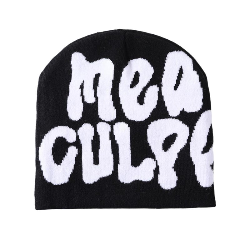 YUERFEILA Women Graphic Beanie Skull Hat MEA Culpa Y2K Knitted Beanie Warm Winter Hat for Gifts (Acrylic, MEA-Black & White) - Image 1