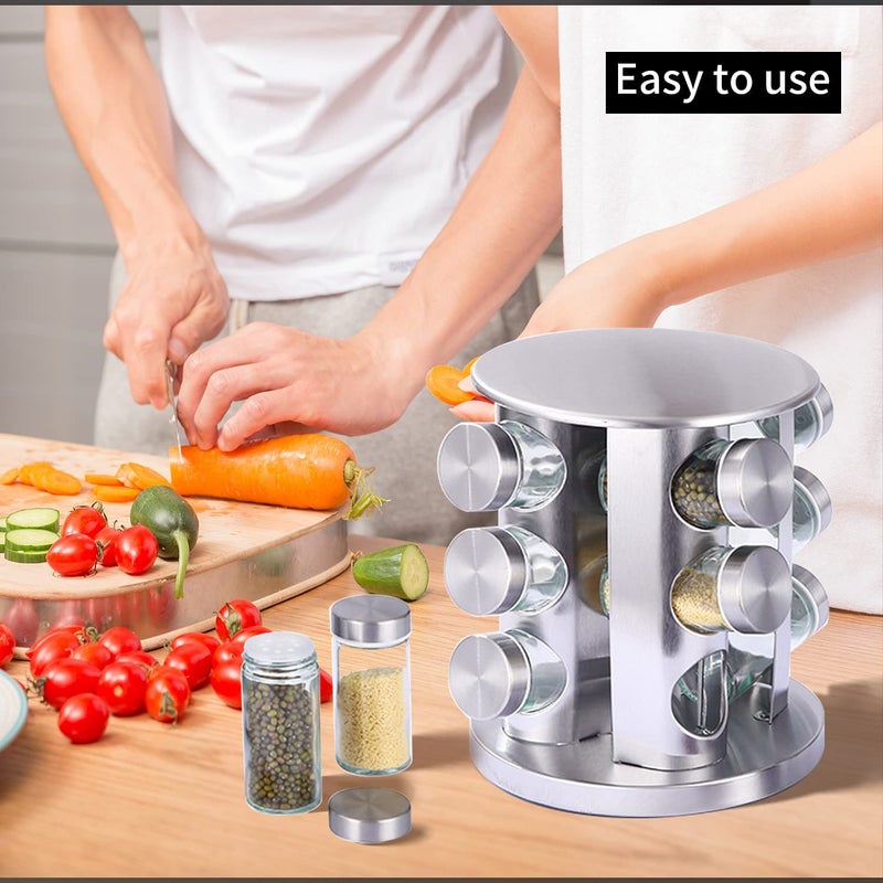 VBM Stainless Steel Glass Seasoning 12pcs Glass Bottle Rack Set Spice Jars Containers Kitchen Storage Organizer Condiment Kit - Image 5