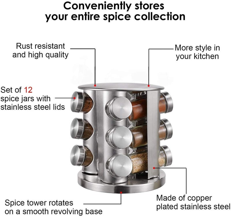 VBM Stainless Steel Glass Seasoning 12pcs Glass Bottle Rack Set Spice Jars Containers Kitchen Storage Organizer Condiment Kit - Image 4