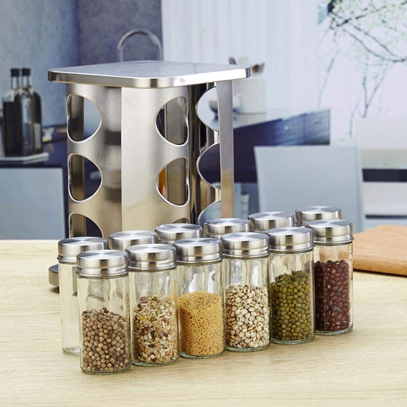 VBM Stainless Steel Glass Seasoning 12pcs Glass Bottle Rack Set Spice Jars Containers Kitchen Storage Organizer Condiment Kit - Image 3