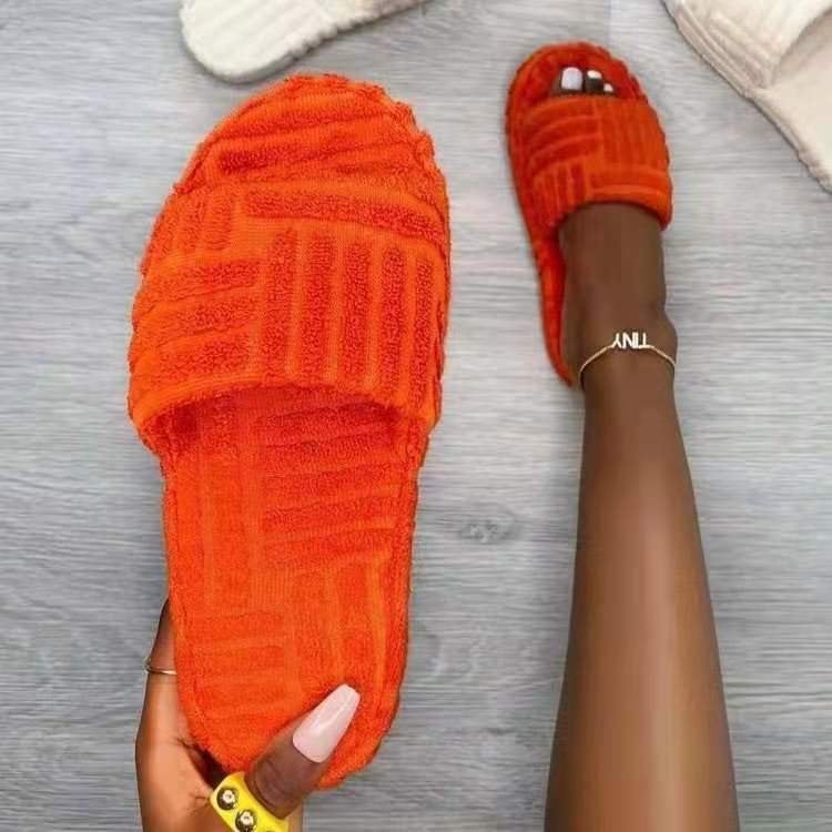 foreign trade large size women''s shoes 2021 autumn and winter New one-character thick-soled fluffy slippers and towel cotton women - Image 2