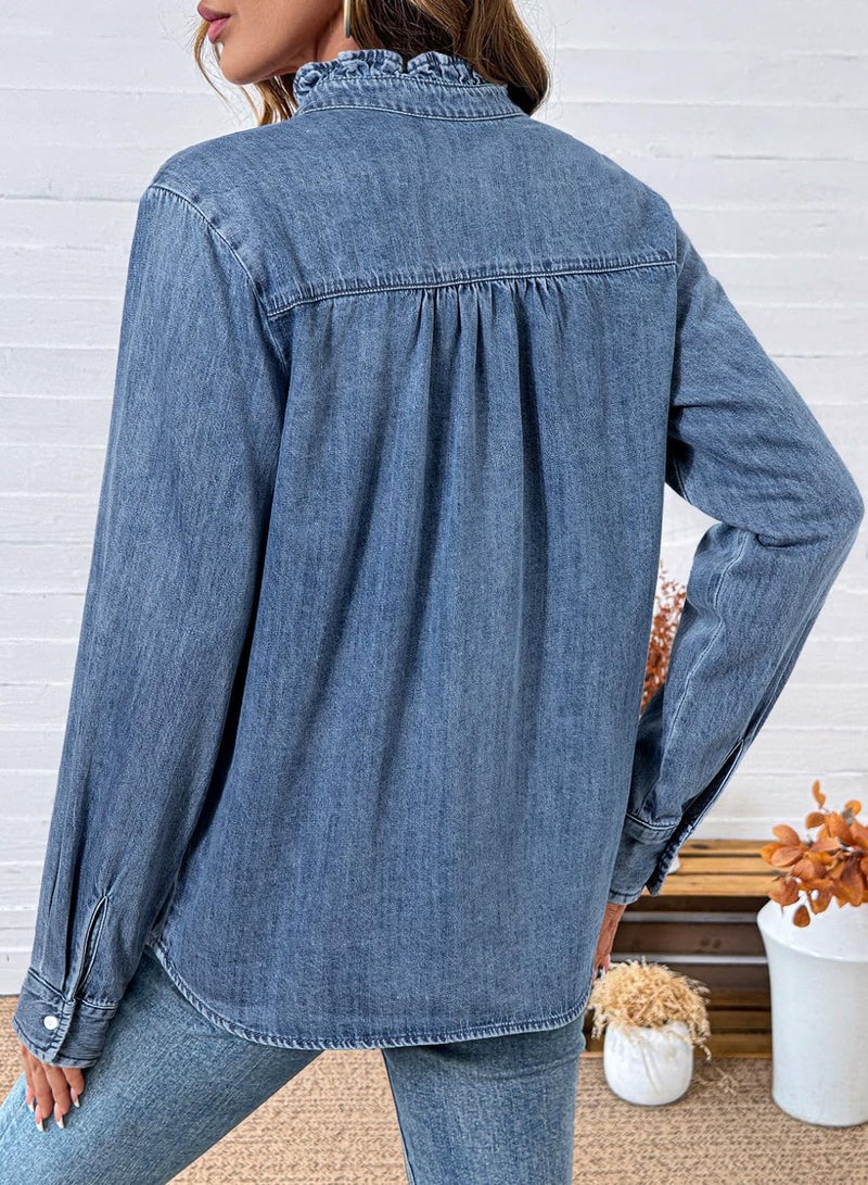 Sidefeel Denim Tops for Women Button Up Casual Long Sleeve Fall Chambray Denim Shirt Teacher Outfits Washing Blue X-Large - Image 2