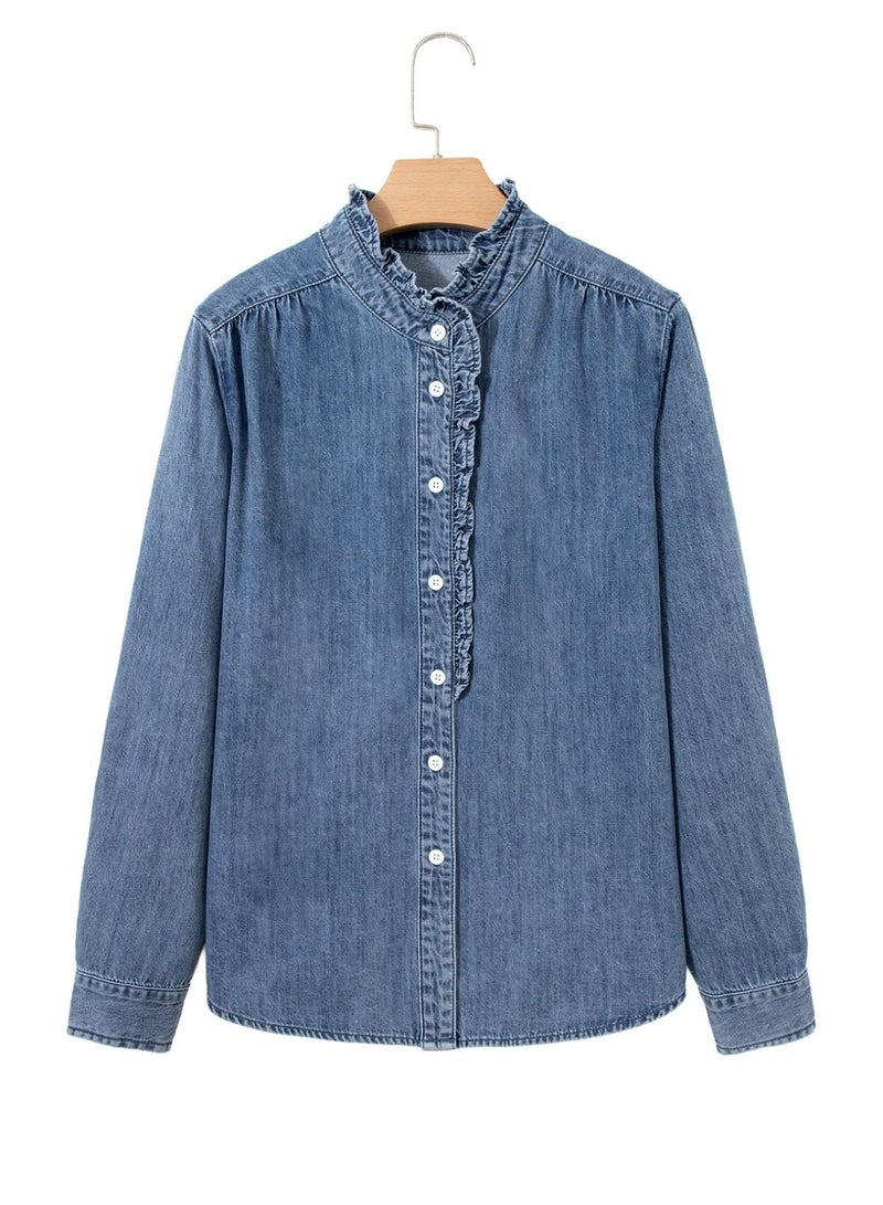 Sidefeel Denim Tops for Women Button Up Casual Long Sleeve Fall Chambray Denim Shirt Teacher Outfits Washing Blue X-Large - Image 4