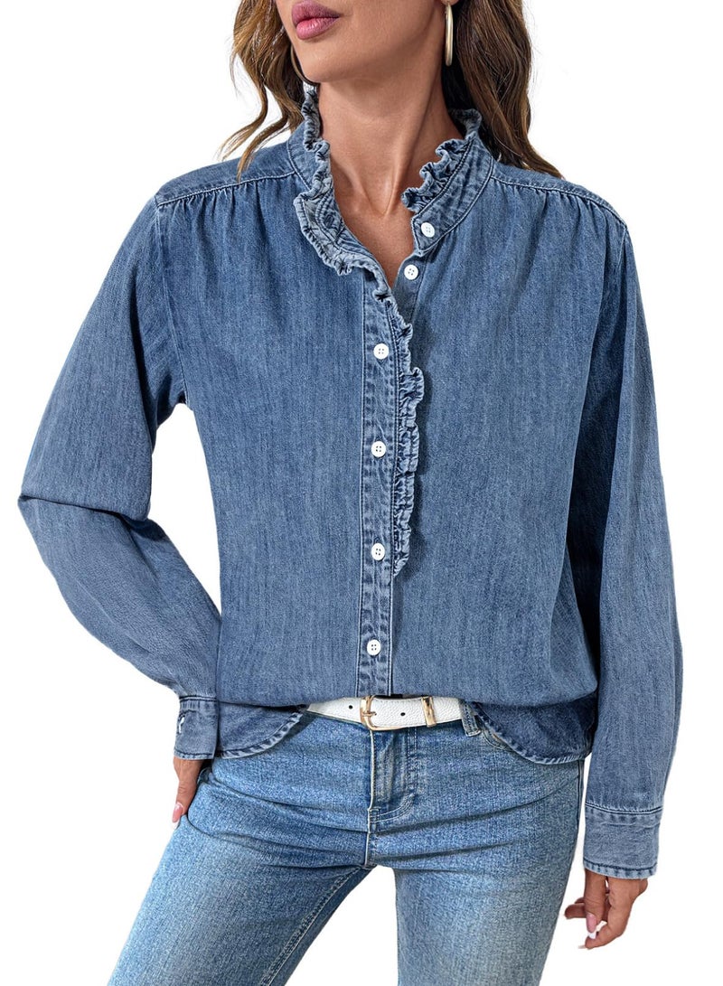 Sidefeel Denim Tops for Women Button Up Casual Long Sleeve Fall Chambray Denim Shirt Teacher Outfits Washing Blue X-Large - Image 1