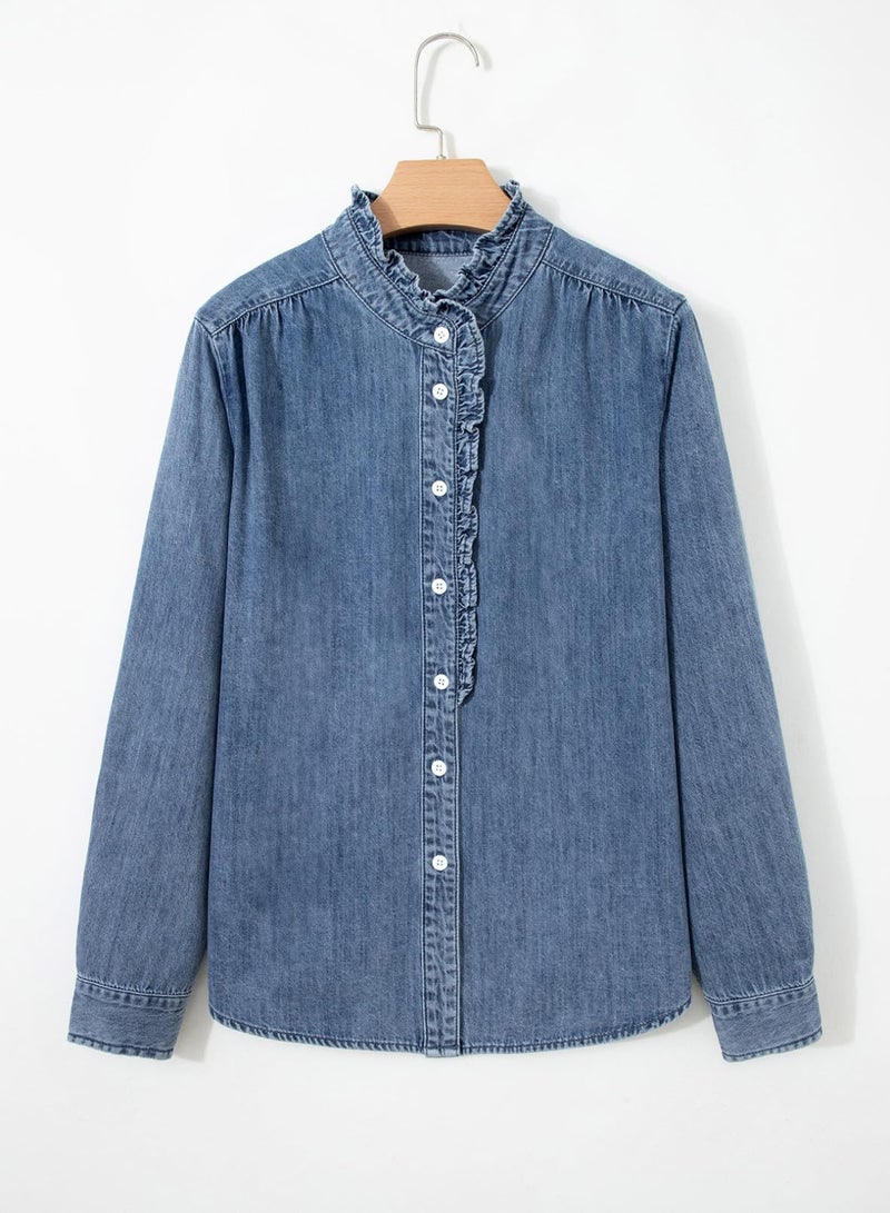 Sidefeel Denim Tops for Women Button Up Casual Long Sleeve Fall Chambray Denim Shirt Teacher Outfits Washing Blue X-Large - Image 5