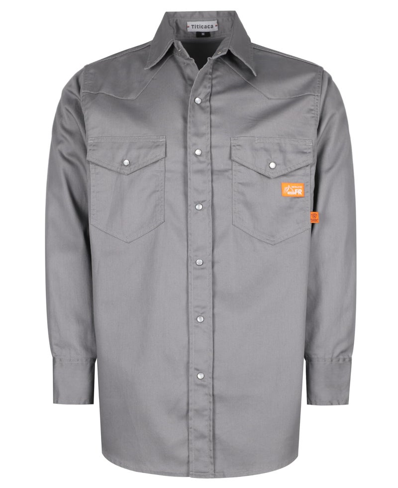 Titicaca FR Work Shirt Pearl Snaps Flame Resistant Shirt Mens Cotton 65oz Lightweight Gray Welders Shirts