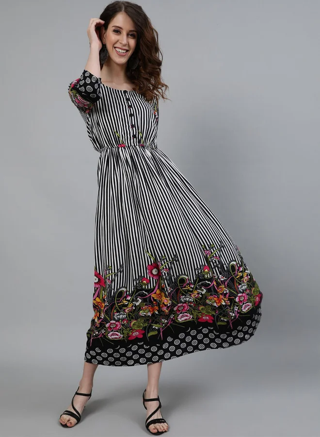 Black Floral Printed Maxi Fit And Flare Dress