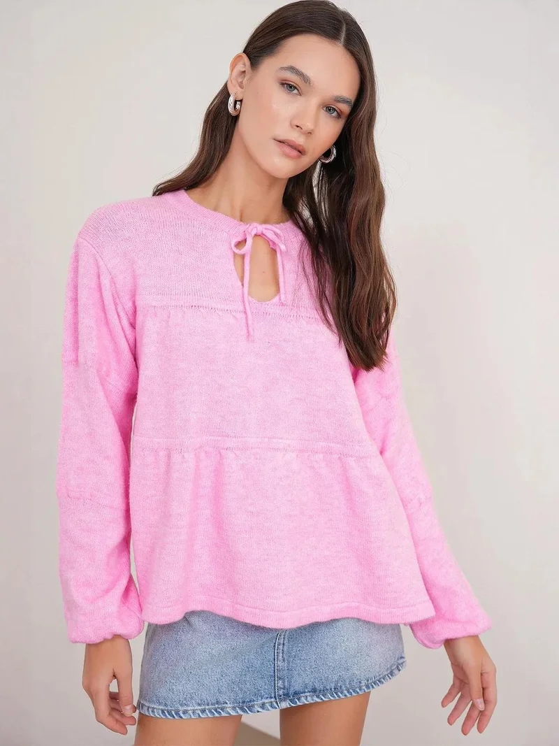 Mixray Powder Pink Mixray Tie-Detail Loose Knit Sweater for Women | Best Price UAE