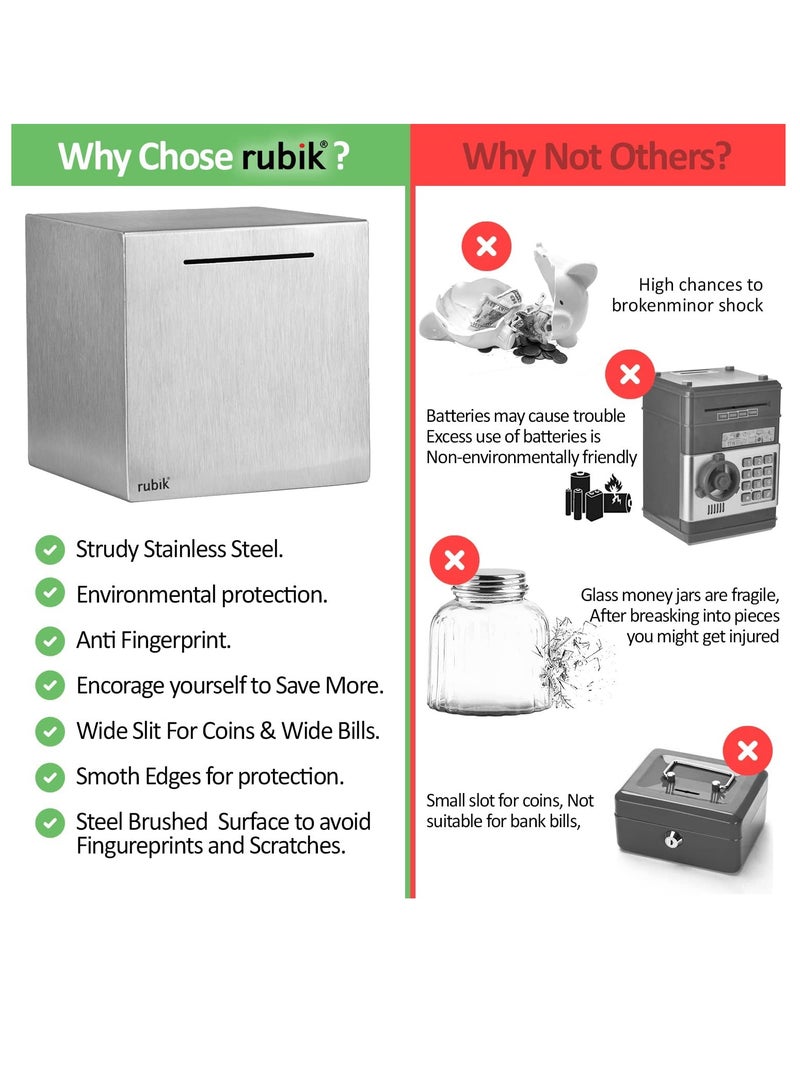 Rubik Piggy Bank for Adults Stainless Steel Savings Bank to Help Budget and Save Must Break to Access Money 6 Inch - Image 2
