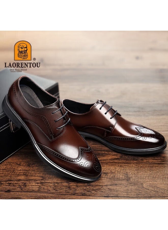 Laorentou Leather Shoes For Men, Spring And Autumn Brogue Carved Leather Shoes, British Style Breathable Formal Wedding Shoes, A50237, Brown, Size 41 - Image 2