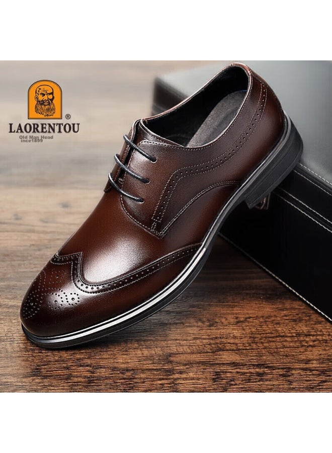 Laorentou Leather Shoes For Men, Spring And Autumn Brogue Carved Leather Shoes, British Style Breathable Formal Wedding Shoes, A50237, Brown, Size 41 - Image 3