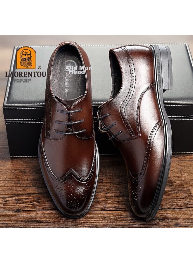 Laorentou Leather Shoes For Men, Spring And Autumn Brogue Carved Leather Shoes, British Style Breathable Formal Wedding Shoes, A50237, Brown, Size 41 - Image 1