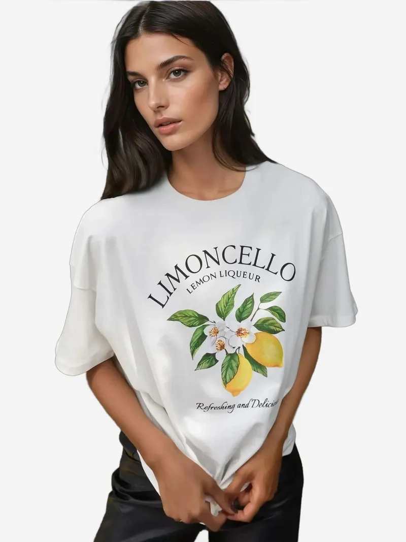 HICCUP %100 Cotton Oversized Printed Crew Neck Cotton T-Shirt