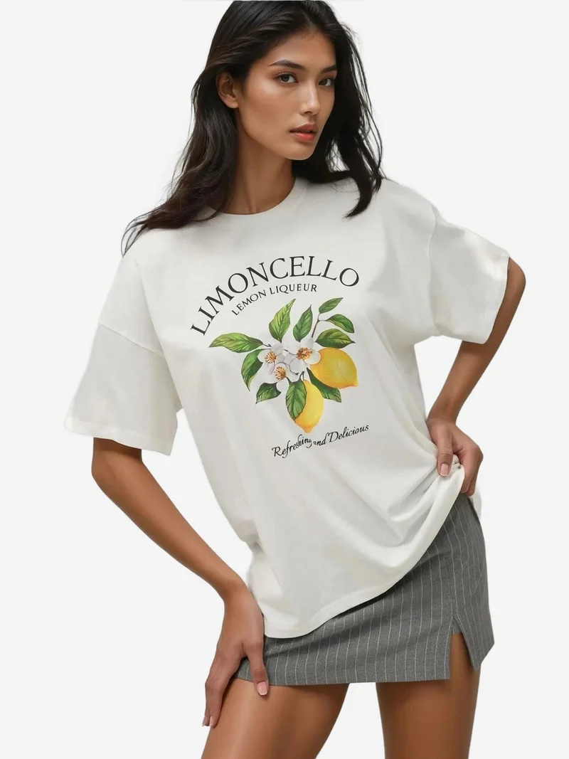 HICCUP %100 Cotton Oversized Printed Crew Neck Cotton T-Shirt