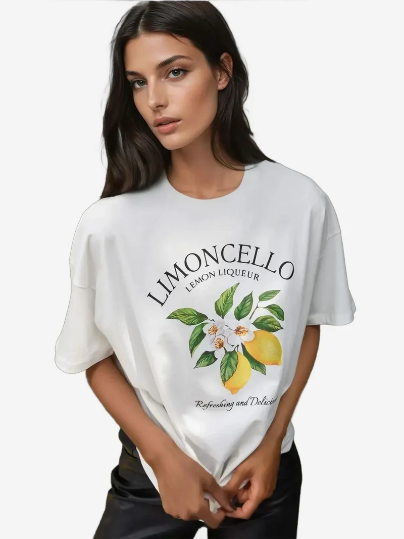 HICCUP %100 Cotton Oversized Printed Crew Neck Cotton T-Shirt