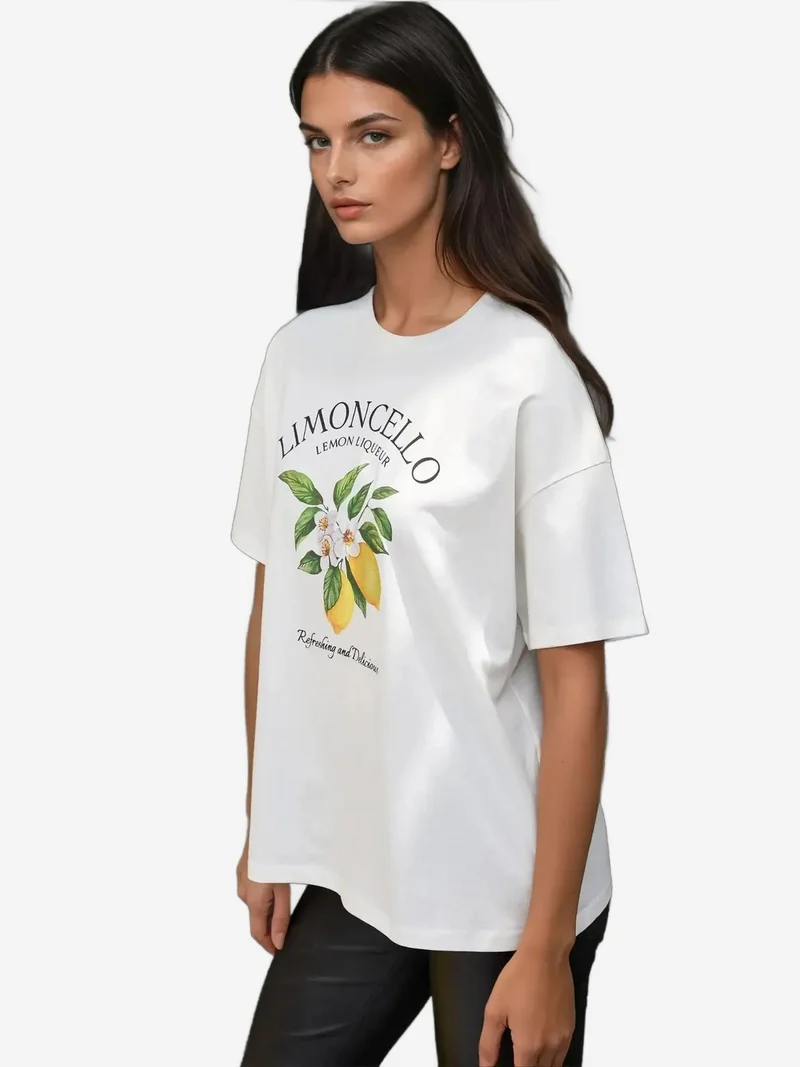 HICCUP Amber Yellow %100 Cotton Oversized Printed Crew Neck Cotton T-Shirt for Women | Best Price UAE