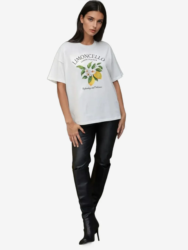 HICCUP Amber Yellow %100 Cotton Oversized Printed Crew Neck Cotton T-Shirt for Women | Best Price UAE