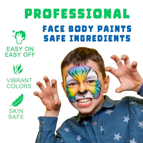 Bowitzki Face Paint 12x10 gm Professional Body Painting Kit For Kids Adults Stencil One Stroke Split Cake Non Toxic Rainbow Flora Unicorn Flame Makeup Halloween Christmas Easter -Green set - Image 3