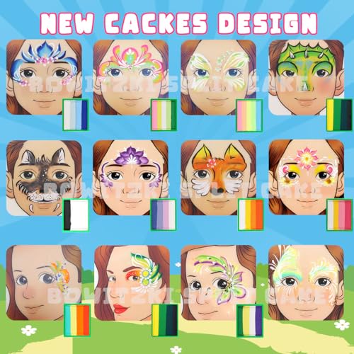Bowitzki Face Paint 12x10 gm Professional Body Painting Kit For Kids Adults Stencil One Stroke Split Cake Non Toxic Rainbow Flora Unicorn Flame Makeup Halloween Christmas Easter -Green set - Image 2