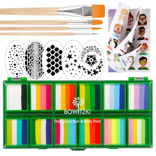 Bowitzki Face Paint 12x10 gm Professional Body Painting Kit For Kids Adults Stencil One Stroke Split Cake Non Toxic Rainbow Flora Unicorn Flame Makeup Halloween Christmas Easter -Green set - Image 1