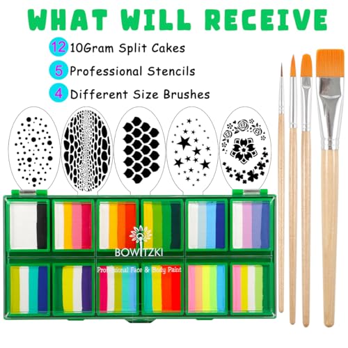 Bowitzki Face Paint 12x10 gm Professional Body Painting Kit For Kids Adults Stencil One Stroke Split Cake Non Toxic Rainbow Flora Unicorn Flame Makeup Halloween Christmas Easter -Green set - Image 5