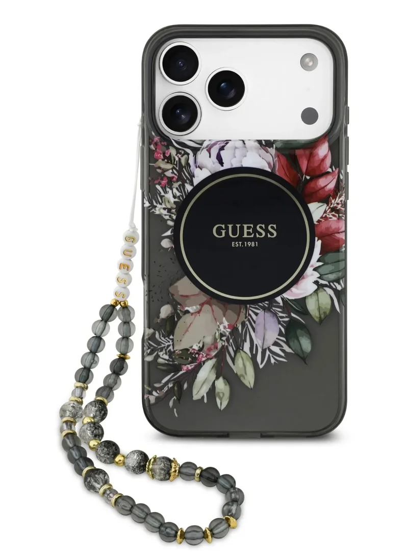 GUESS iPhone 17 Pro Max MagSafe Case / MagSafe IML Case With Flowers Pattern & Lanyard - Black