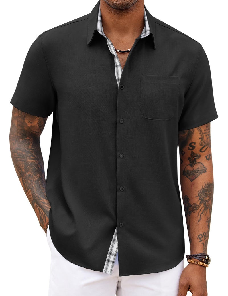 COOFANDY Men's Button Down Shirts Short Sleeve Casual Summer Beach Vacation Wedding Shirts with Pocket Black - Image 1