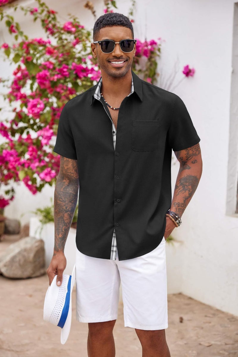 COOFANDY Men's Button Down Shirts Short Sleeve Casual Summer Beach Vacation Wedding Shirts with Pocket Black - Image 2