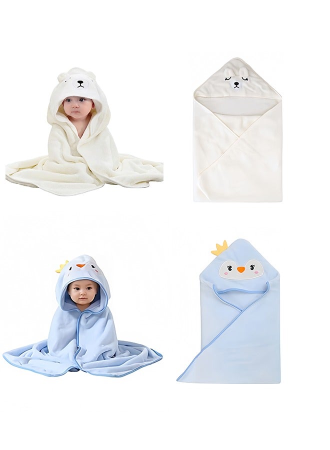 2 Pack Baby Hooded Towels – Soft Coral Fleece Bath Towels with Blue Penguin & White Bear Hood, Super Absorbent & Cozy, 80x80cm, for Boys & Girls  - Image 1