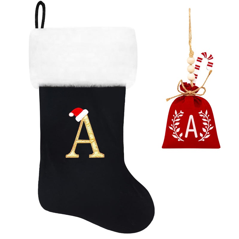 Eoocan 20 Inches Monogram Christmas Stockings Black Velvet With White Super Soft Plush Cuff Embroidered Xmas Stockings Classic Personalized Stocking Decorations For Family Holiday Season Decor(A) - Image 1