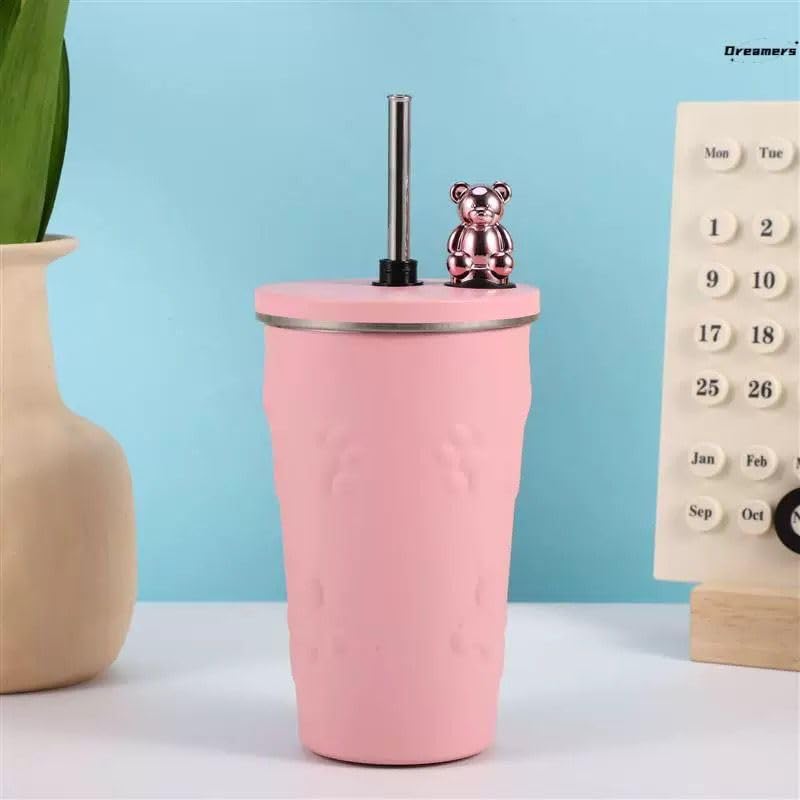Vasukie 600ML Stainless Steel Tumbler Hot and Cold with Lid & Straw, Double Insulated Cup Leak Proof Mug Fits in Car, Cupholder for Gym, Travelling (Bear Pink) - Image 1