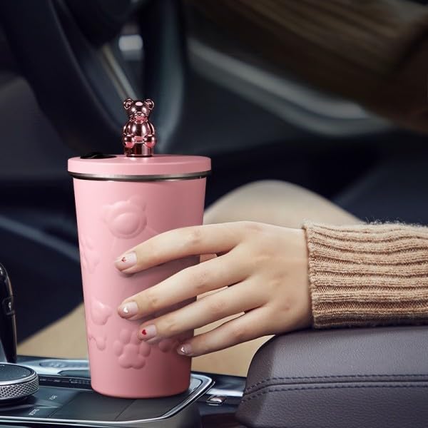 Vasukie 600ML Stainless Steel Tumbler Hot and Cold with Lid & Straw, Double Insulated Cup Leak Proof Mug Fits in Car, Cupholder for Gym, Travelling (Bear Pink) - Image 2