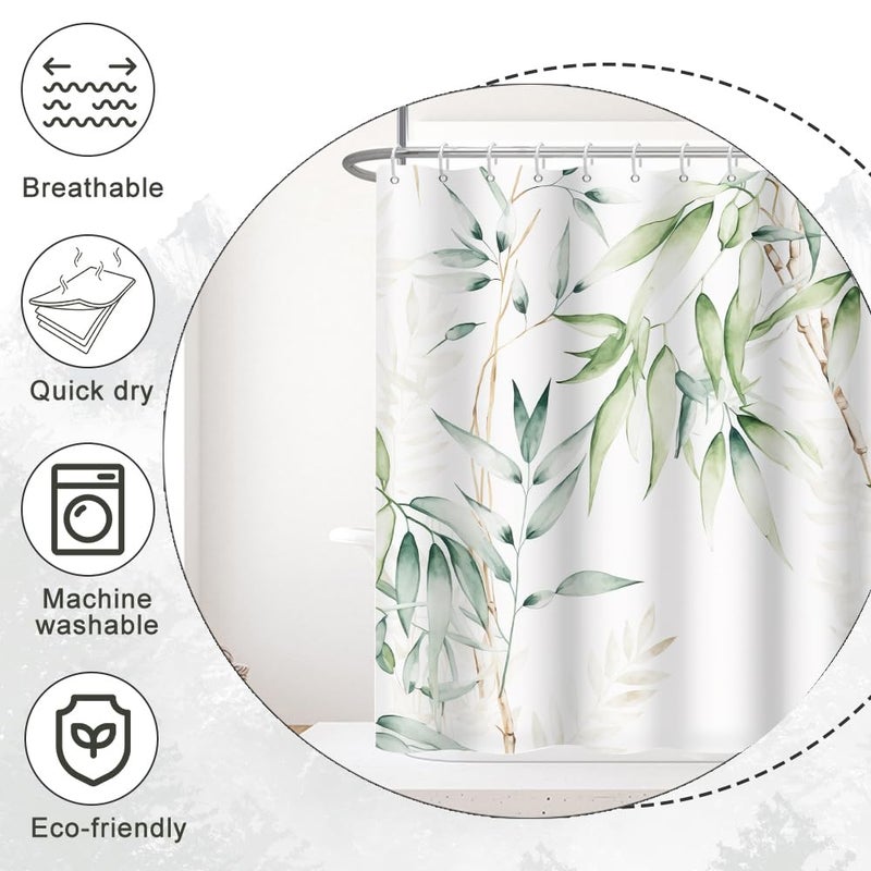 Ruelvth Green Bamboo Shower Curtain  Watercolor Green Leaves Shower Curtain for Bathroom Waterproof Fabric Spring Botanical Shower Curtain Set with Hooks  48x72 Inch - Image 3